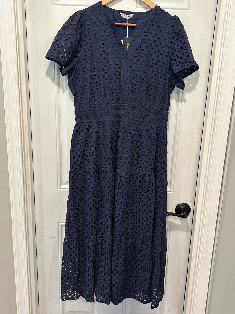 PRETTYGARDEN Navy Blue Cotton Eyelet Smocked Maxi Dress - Size L (NWT), Boho